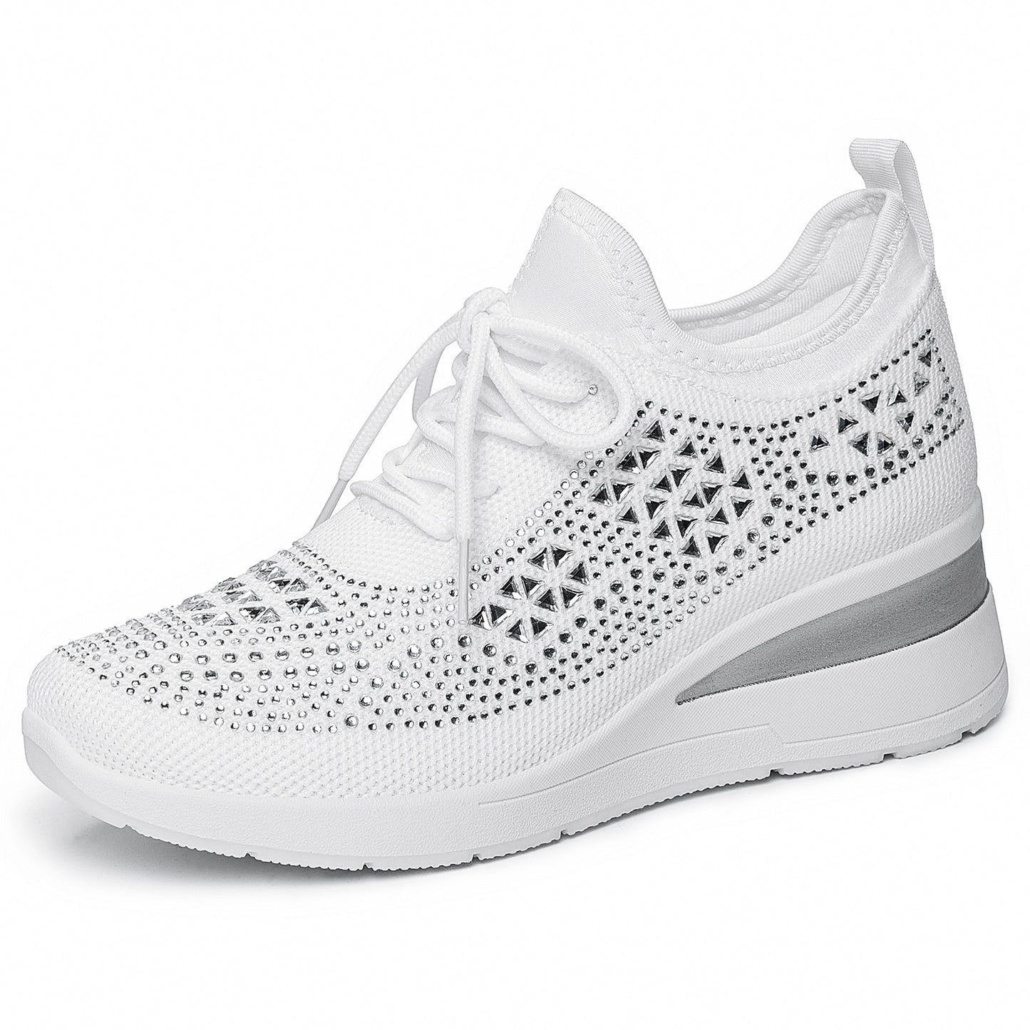 Cleo - Women's Rhinestone Lace-Up Sneakers, Height-Boosting Casual Shoes