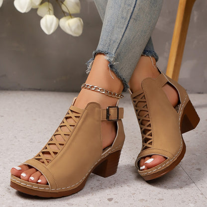Sofia - Women's Roman Cut-Out Block Heel Sandals, Buckle Strap Shoes