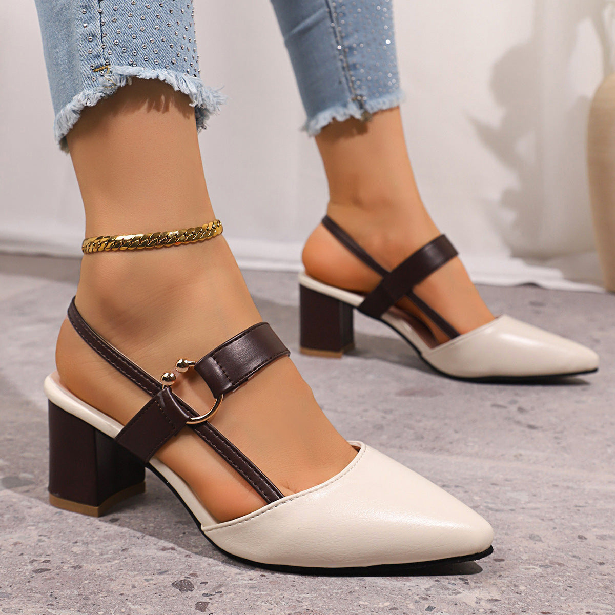 Sofia - Women's Pointed-Toe Block Heel Mules, Cut-Out Buckle Shoes
