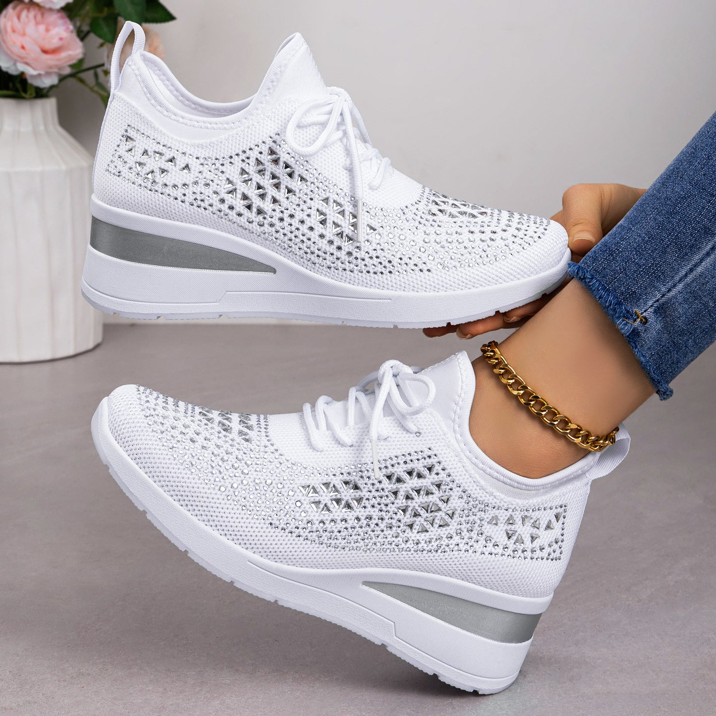 Cleo - Women's Rhinestone Lace-Up Sneakers, Height-Boosting Casual Shoes