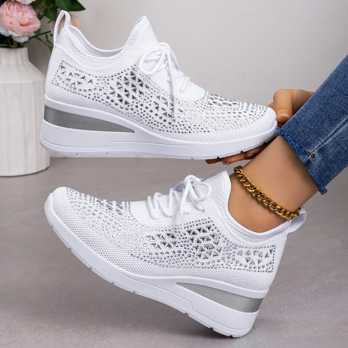 Cleo - Women's Rhinestone Lace-Up Sneakers, Height-Boosting Casual Shoes