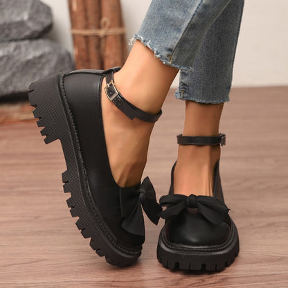 Edie - Women's Bow Detail Platform Loafers, Korean-Style Retro Flats