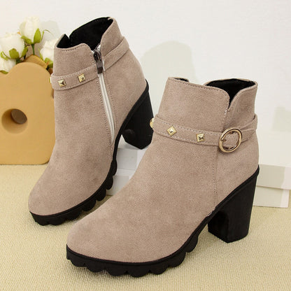 Mara - Women's Chunky Heel Side-Zip Boots, Studded Round-Toe Booties