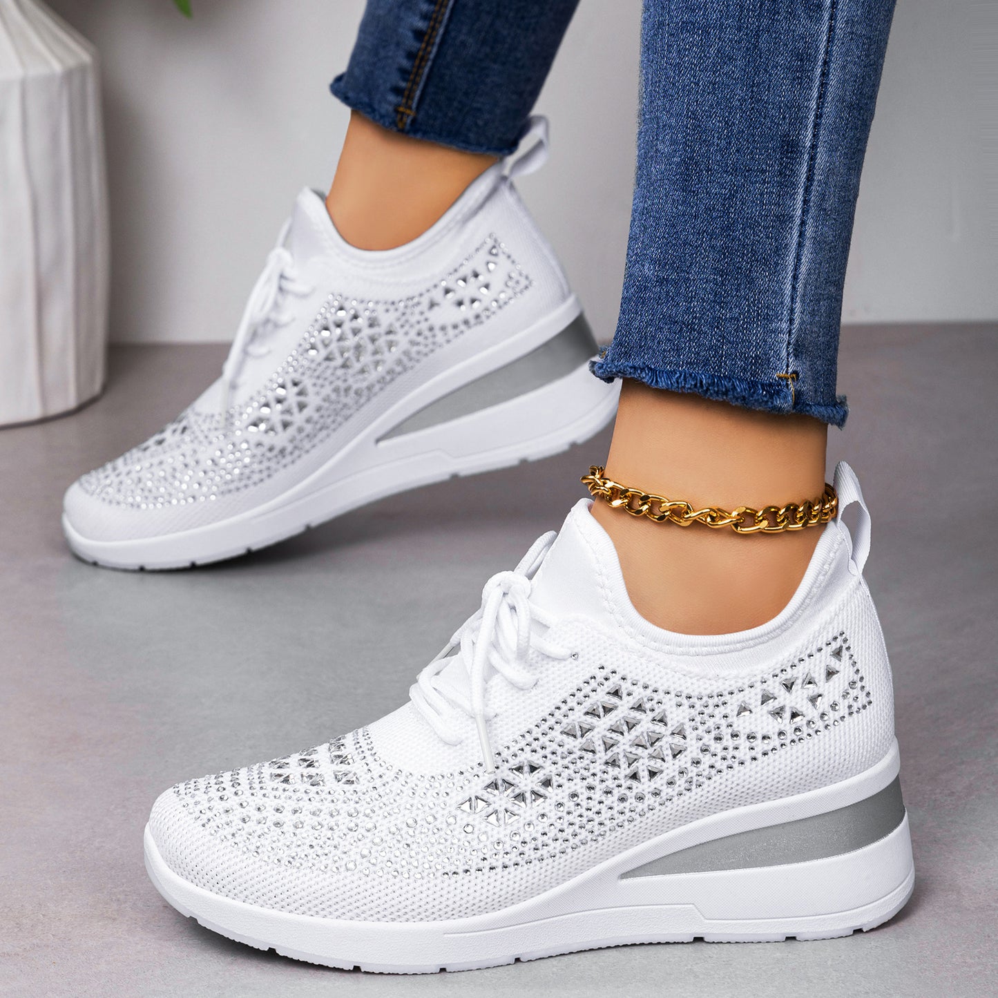 Cleo - Women's Rhinestone Lace-Up Sneakers, Height-Boosting Casual Shoes
