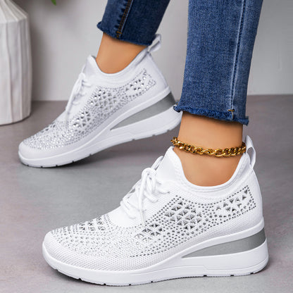 Cleo - Women's Rhinestone Lace-Up Sneakers, Height-Boosting Casual Shoes