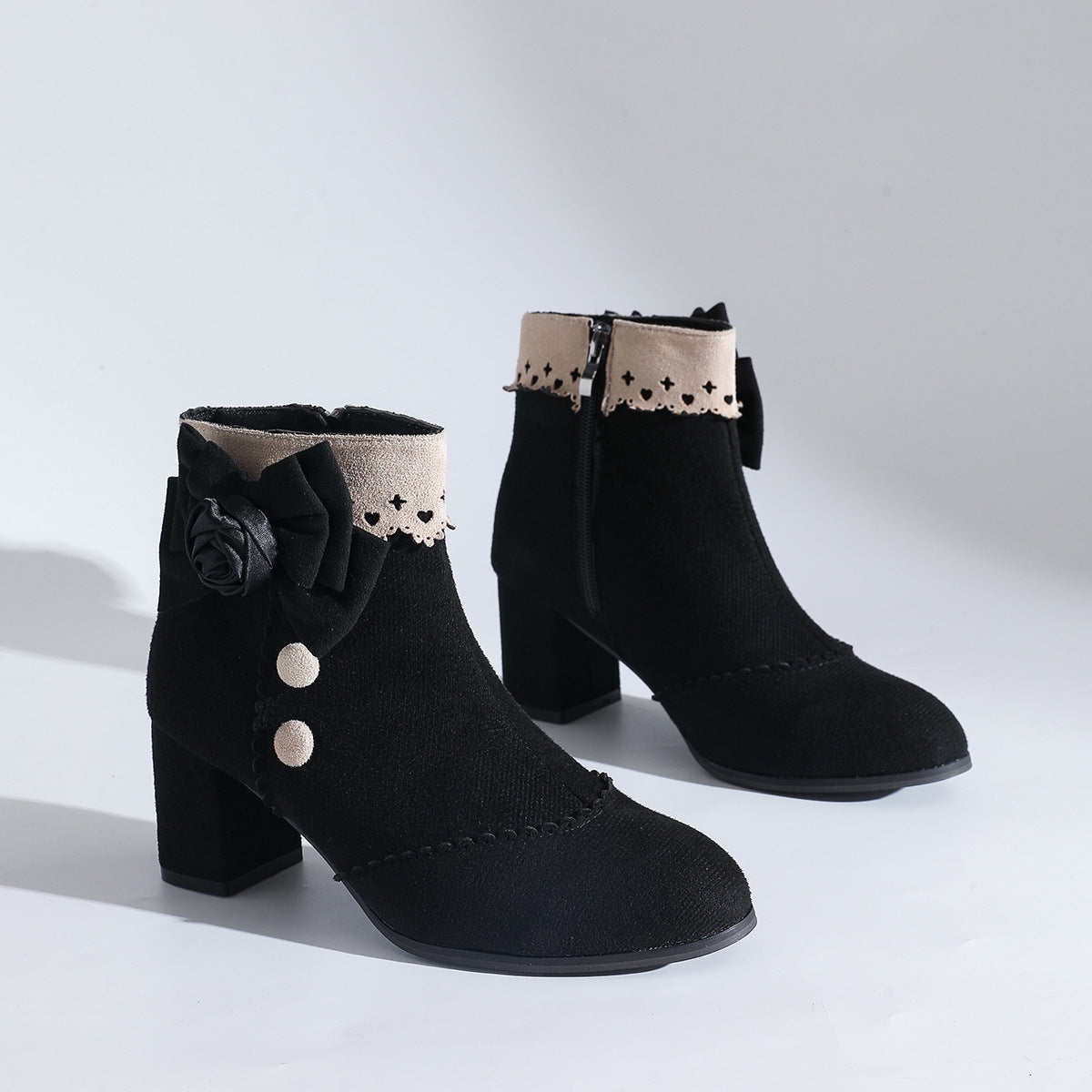 Skye - Women's Lace Trim Chunky Heel Boots, Studded Round-Toe Ankle Booties