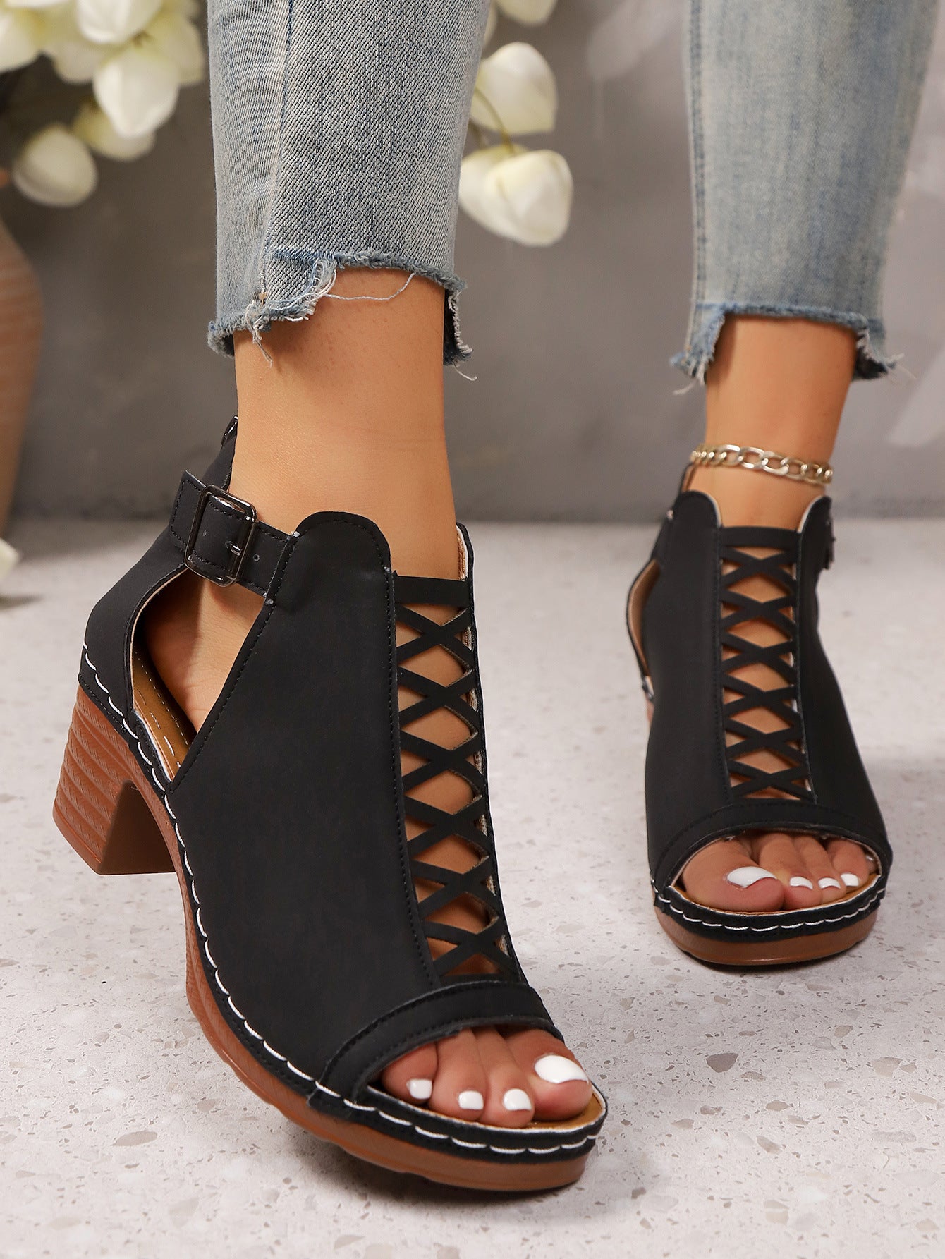 Sofia - Women's Roman Cut-Out Block Heel Sandals, Buckle Strap Shoes