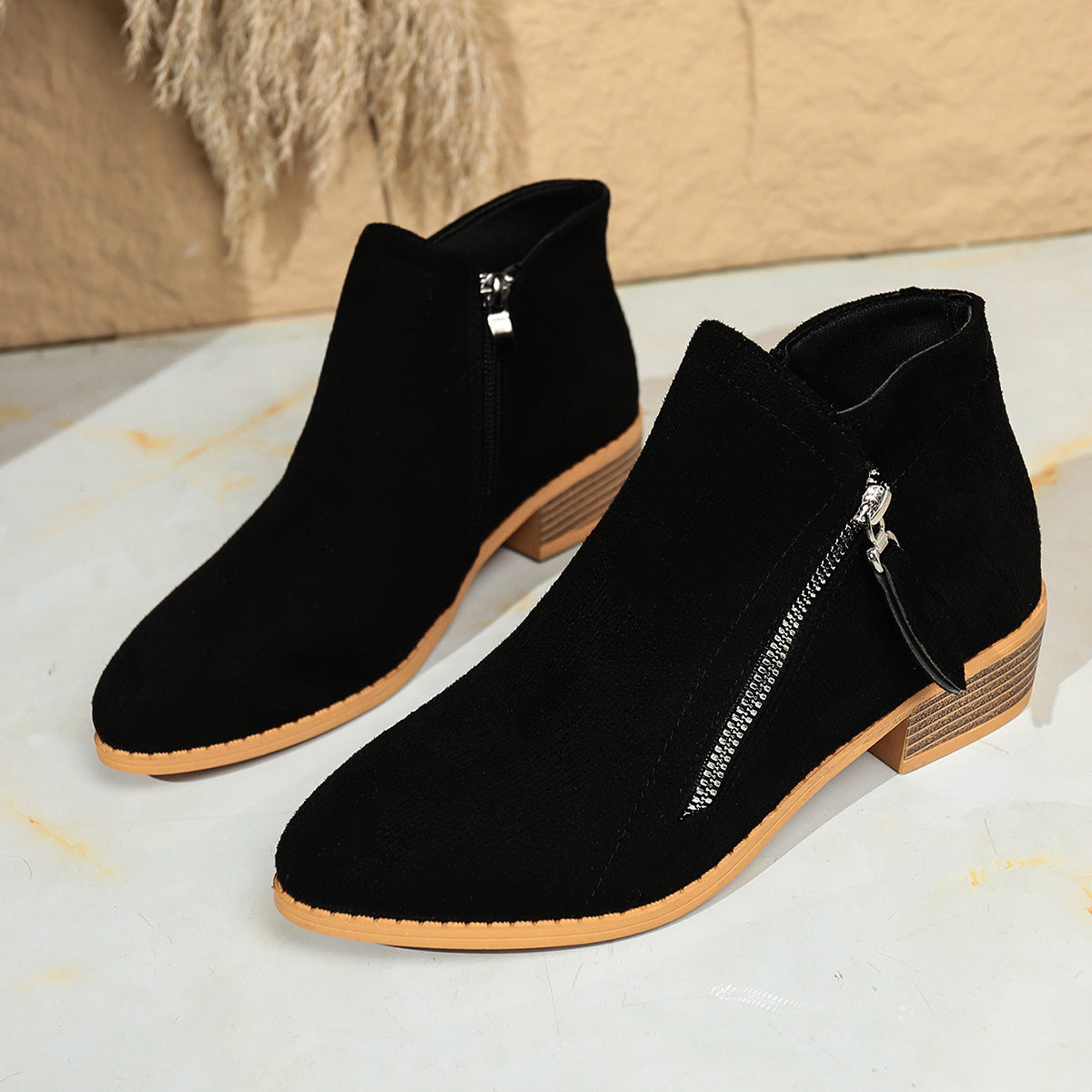Nora - Women's Suede Chunky Heel Ankle Boots, Side-Zip Booties