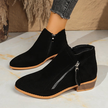 Nora - Women's Suede Chunky Heel Ankle Boots, Side-Zip Booties