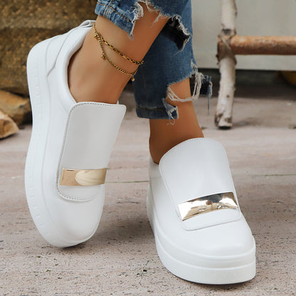 Sofia - Women's Round-Toe Platform Loafers, Metal Buckle Comfort Flats