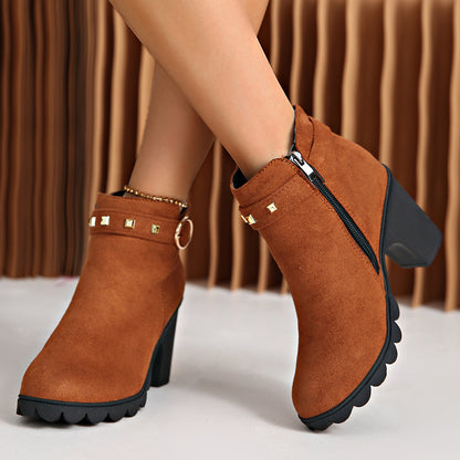 Mara - Women's Chunky Heel Side-Zip Boots, Studded Round-Toe Booties