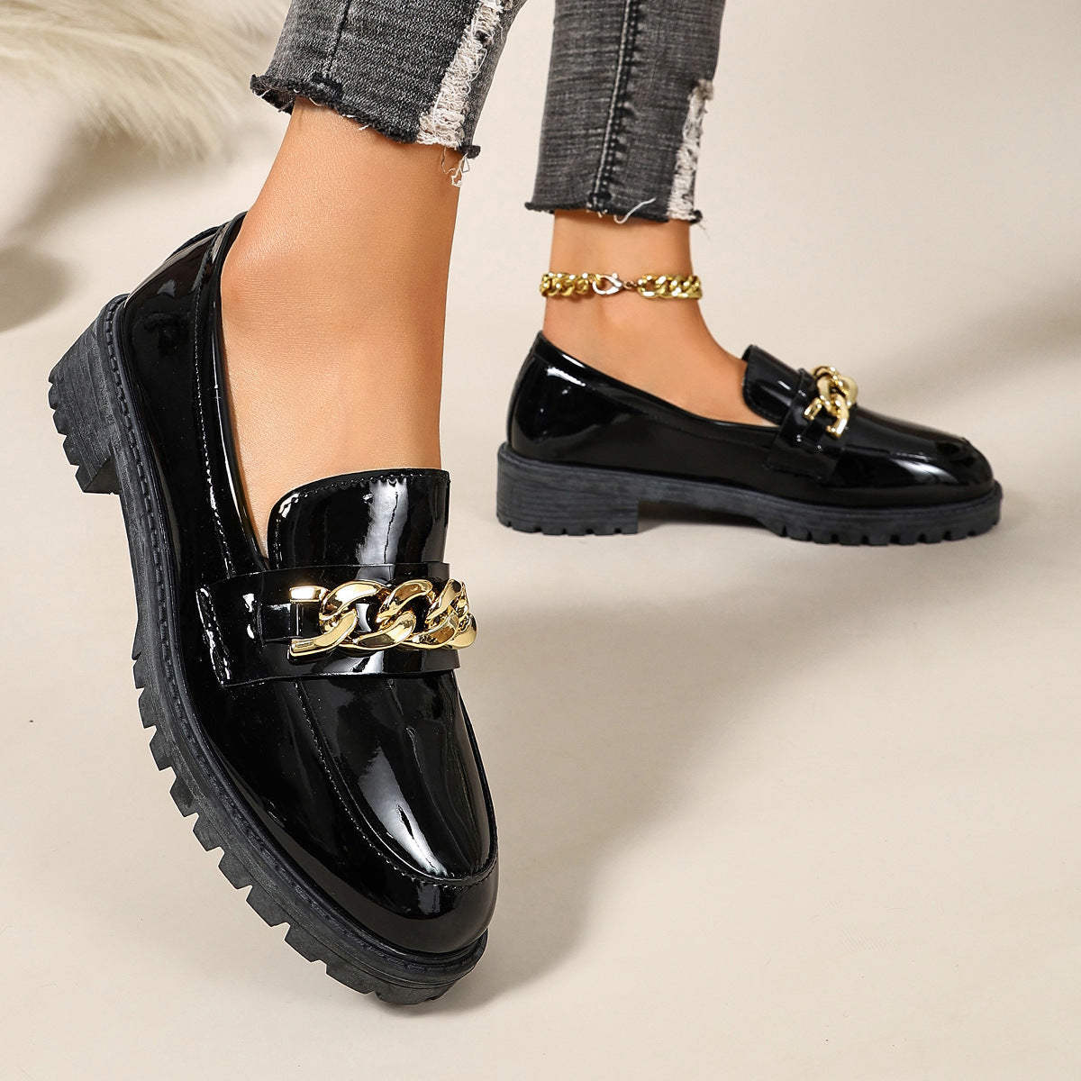 Briar - Women's Metal Chain Loafers, British-Style Leather Flats