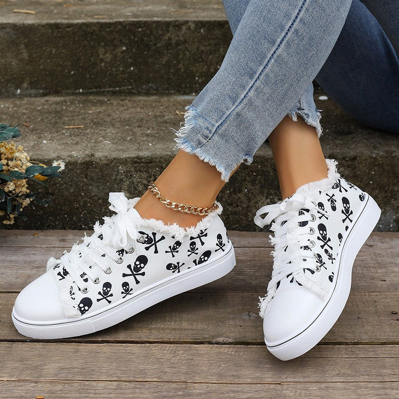Zara - Women's Graffiti Print Lace-Up Sneakers, Trendy Hip-Hop Casual Shoes