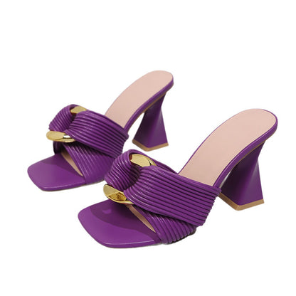 Ines - Women's Metallic Buckle Block Heel Slides, Square-Toe Fashion Mules