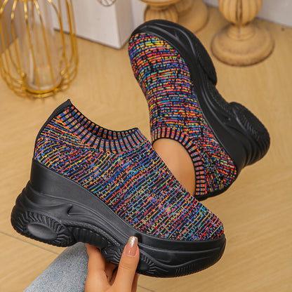 Sofia - Women's Knit Round-Toe French Heels, Color-Block Block Heel Flats