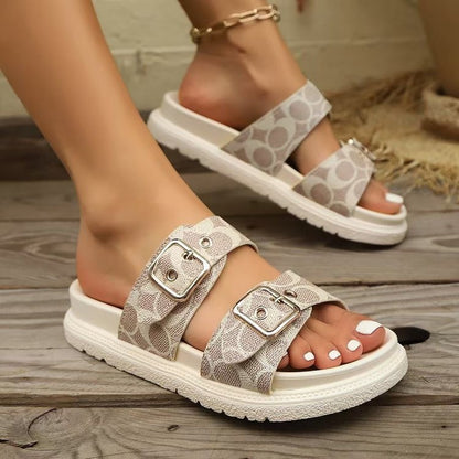 Briar - Women's Buckle Strap Platform Slides, Ring Detail Comfort Sandals