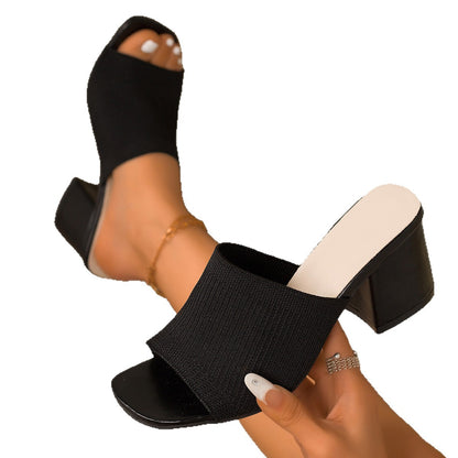 Mara - Women's Knit Mesh Block Heel Slides, Square-Toe Comfort Sandals