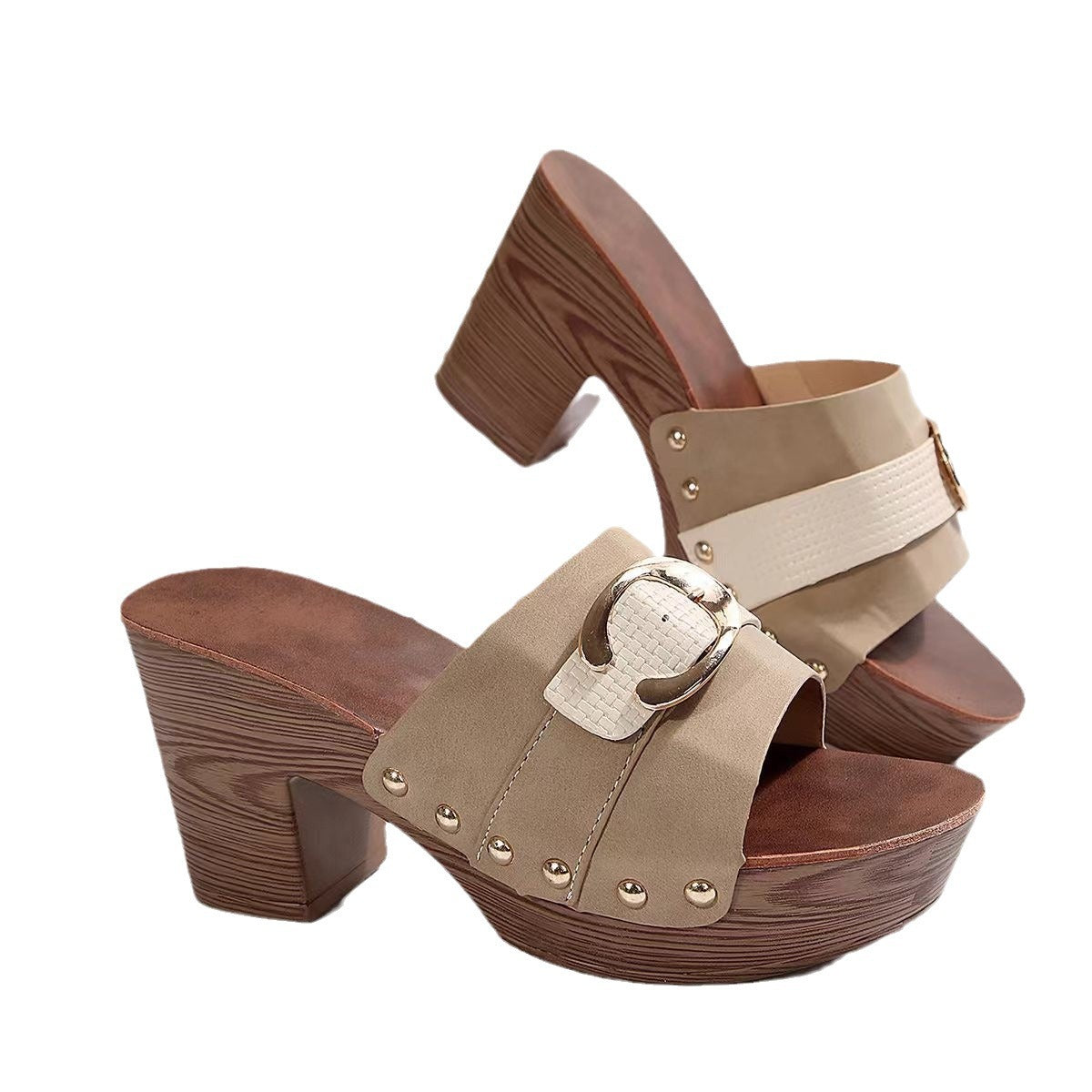 Maeve - Women's Vintage Roman Slide Heels, Block Heel Open-Toe Slides