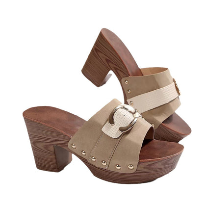 Maeve - Women's Vintage Roman Slide Heels, Block Heel Open-Toe Slides