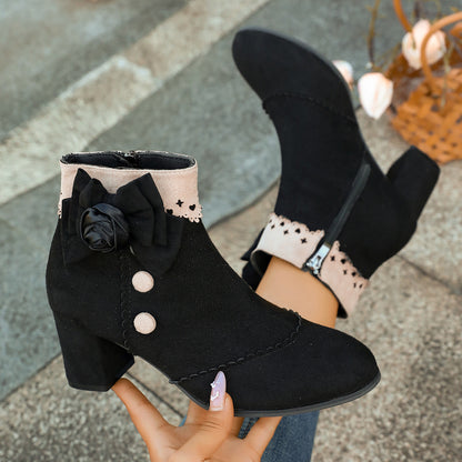 Skye - Women's Lace Trim Chunky Heel Boots, Studded Round-Toe Ankle Booties