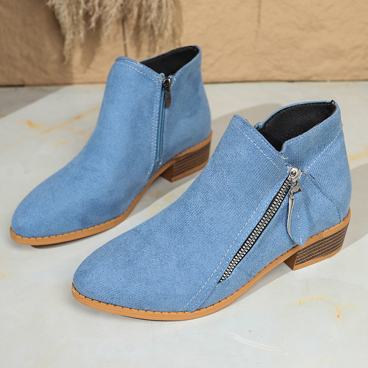 Nora - Women's Suede Chunky Heel Ankle Boots, Side-Zip Booties