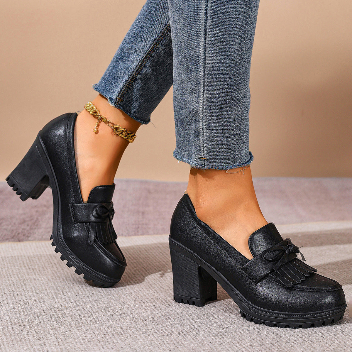Cleo - Women's British-Style Patent Loafers, Chunky Heel Slip-On Shoes