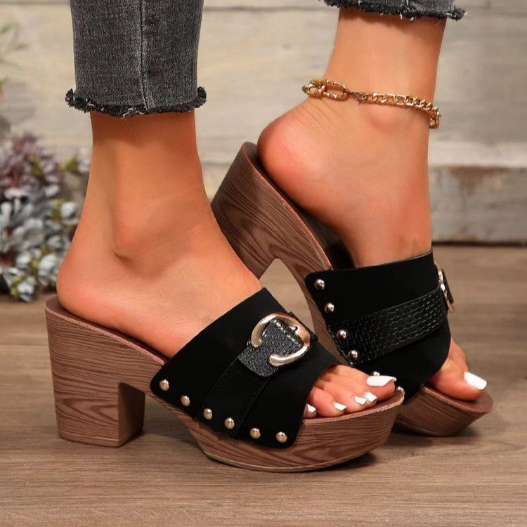 Maeve - Women's Vintage Roman Slide Heels, Block Heel Open-Toe Slides