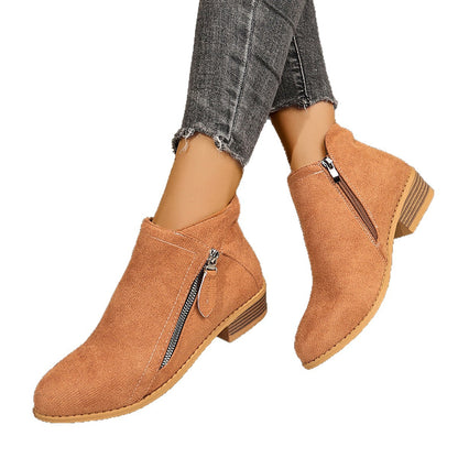 Nora - Women's Suede Chunky Heel Ankle Boots, Side-Zip Booties