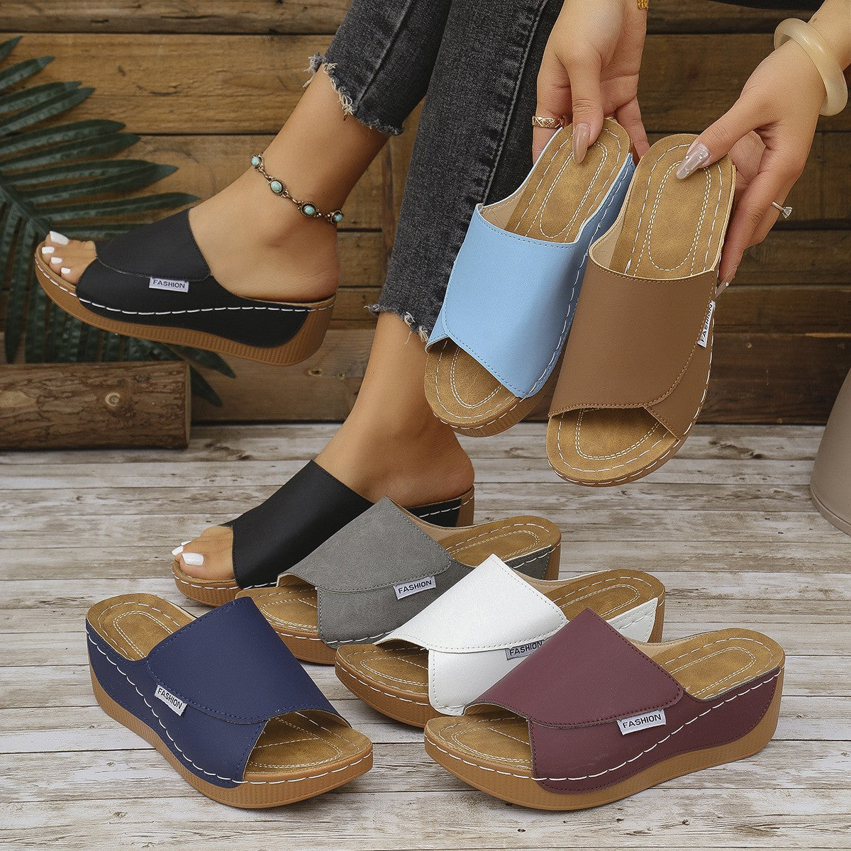 Talia - Women's Wedge Platform Beach Slides, Open-Toe Comfort Sandals