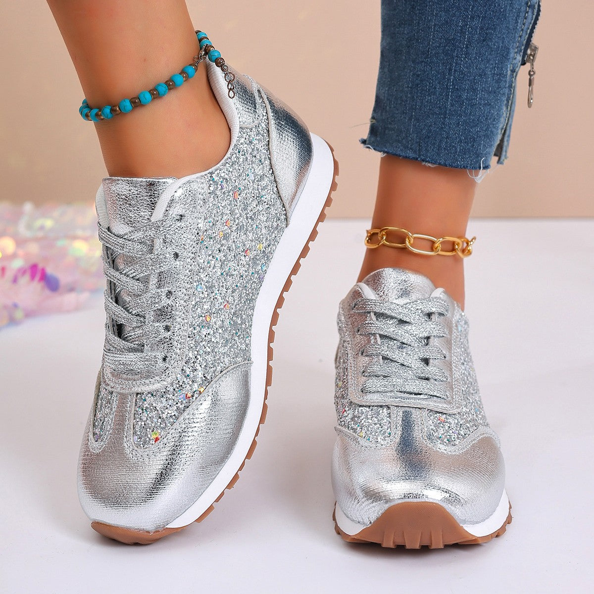 Lyra - Women's Sequin Dad Sneakers, Sparkly Platform Casual Shoes