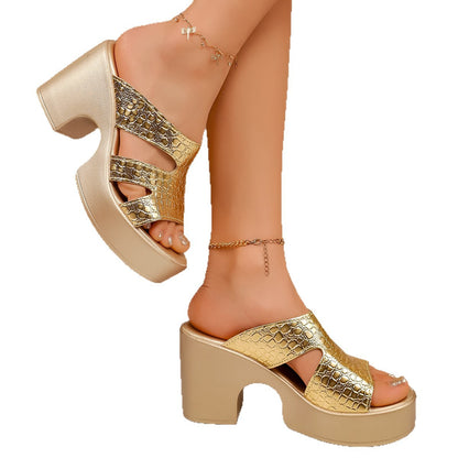 Briar - Women's Woven Roman Slide Heels, Metallic Block Heel Sandals