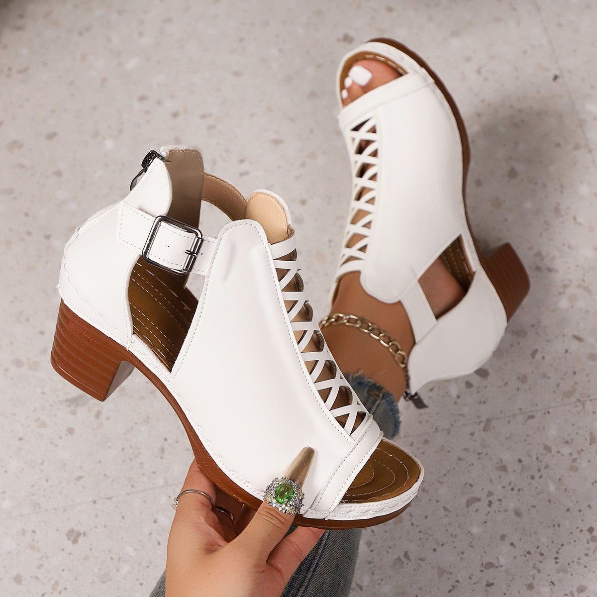 Sofia - Women's Roman Cut-Out Block Heel Sandals, Buckle Strap Shoes