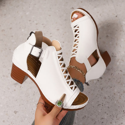 Sofia - Women's Roman Cut-Out Block Heel Sandals, Buckle Strap Shoes