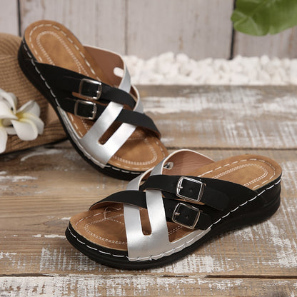 Talia - Women's Crossover Platform Slides, Buckle Strap Comfort Sandals