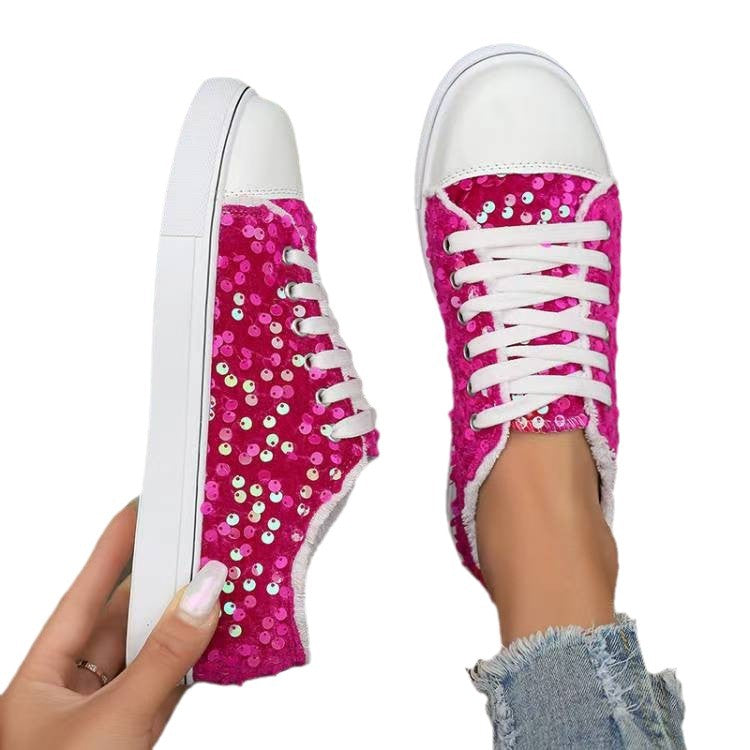Mia - Women's Sequin Round-Toe Lace-Up Sneakers, Sparkly Casual Flats
