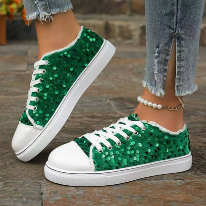 Mia - Women's Sequin Round-Toe Lace-Up Sneakers, Sparkly Casual Flats