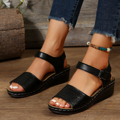Ines - Women's Floral Cut-Out Wedge Sandals, Adjustable Strap Platform Shoes