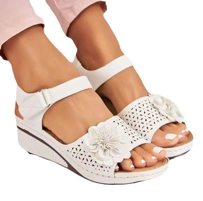 Ines - Women's Floral Cut-Out Wedge Sandals, Adjustable Strap Platform Shoes