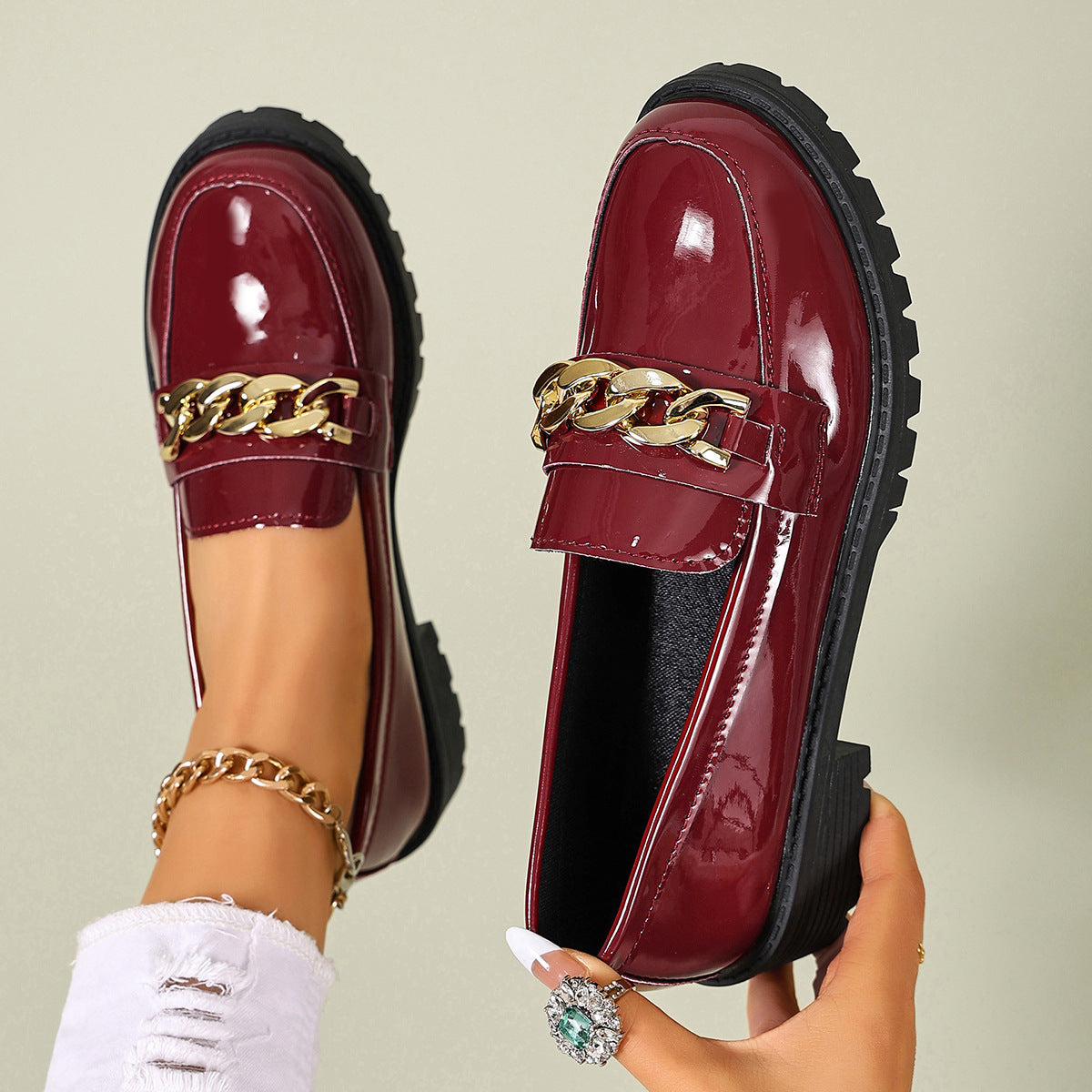 Briar - Women's Metal Chain Loafers, British-Style Leather Flats