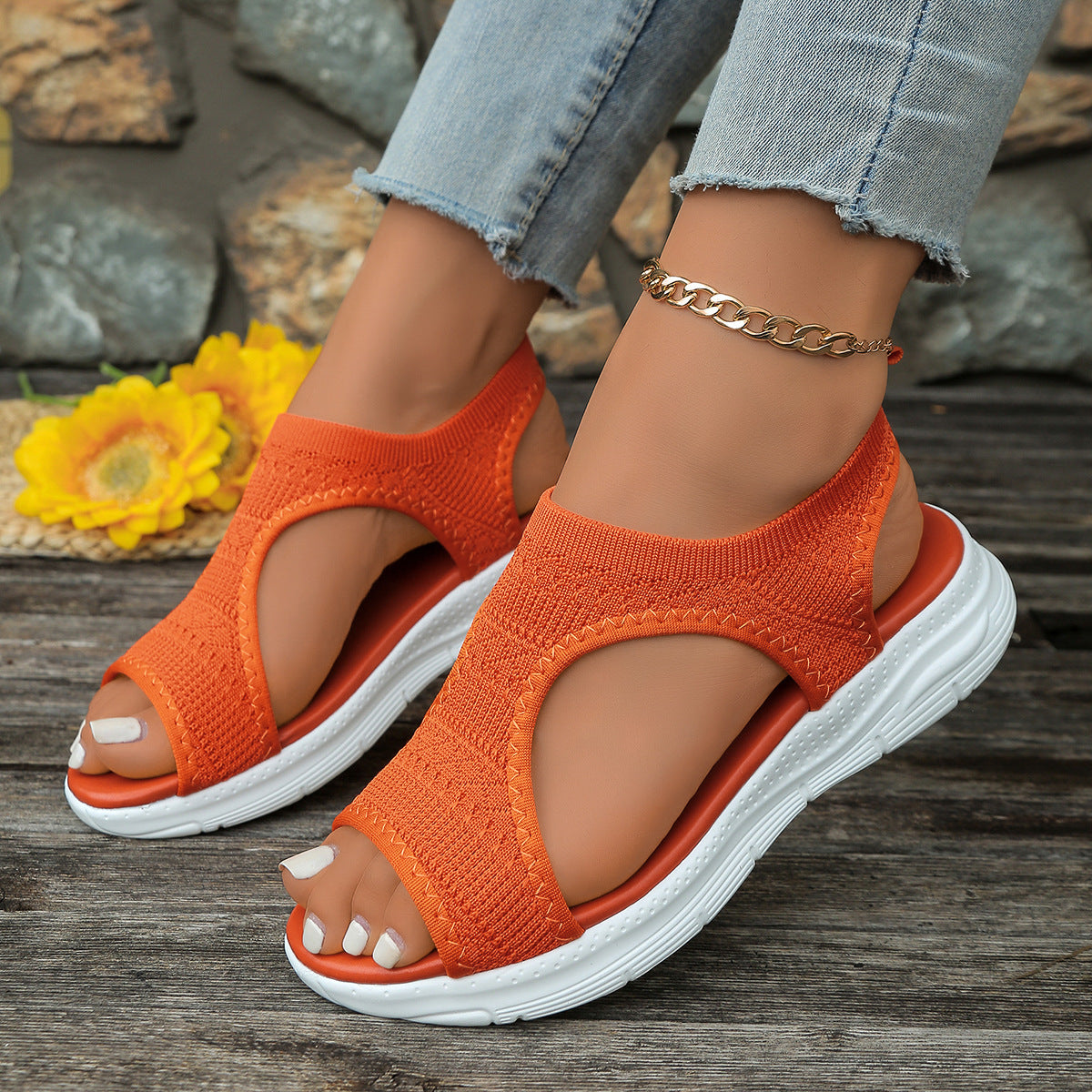 Wren - Women's Knit Open-Toe Roman Sandals, Breathable Flat Shoes