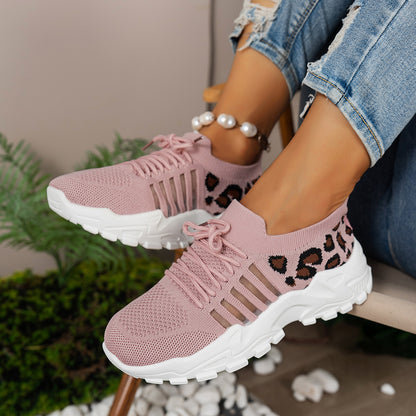 Cleo - Women's Leopard Print Knit Sneakers, Breathable Wave-Sole Shoes