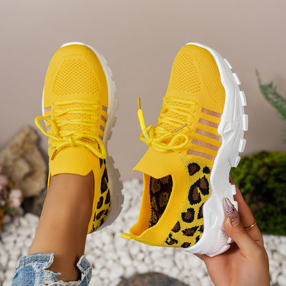 Cleo - Women's Leopard Print Knit Sneakers, Breathable Wave-Sole Shoes