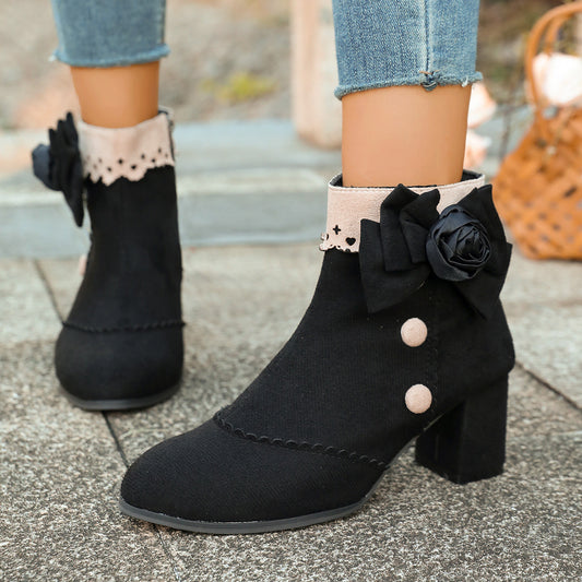 Skye - Women's Lace Trim Chunky Heel Boots, Studded Round-Toe Ankle Booties