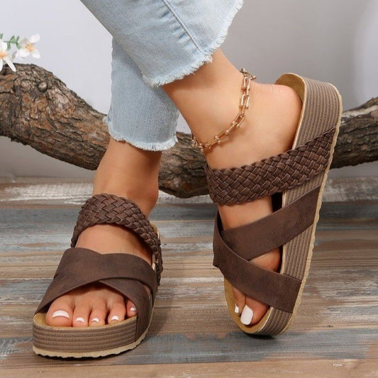 Lyra - Women's Woven Cross-Strap Slides, Solid Color Platform Sandals