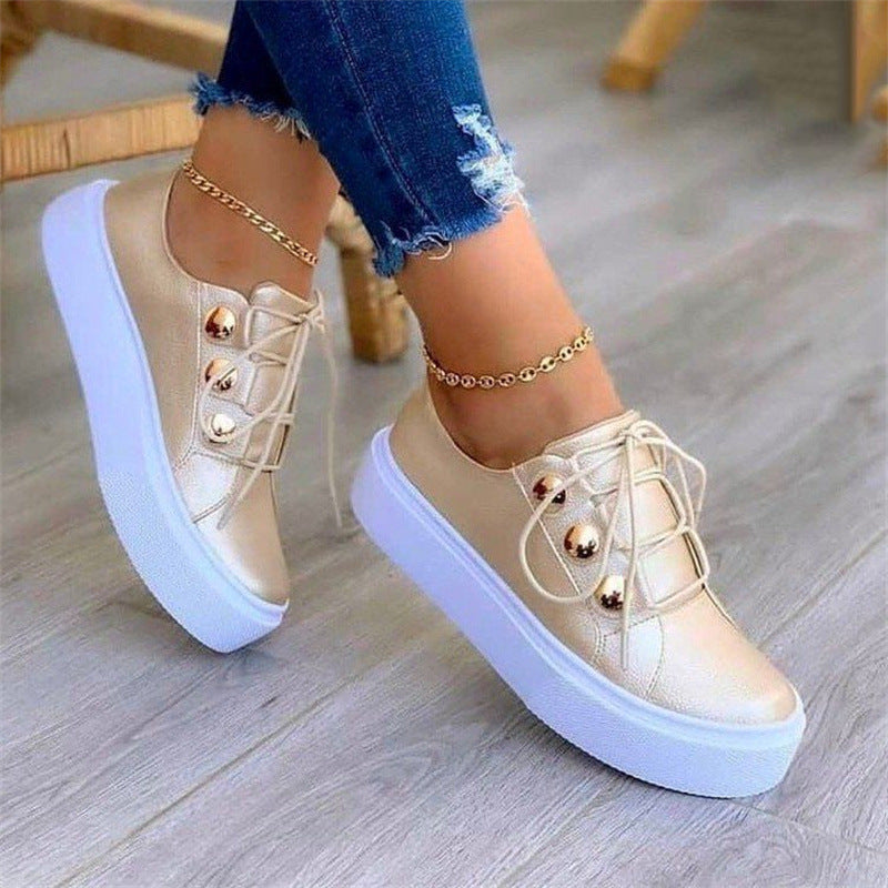 Luna - Women's Round-Toe Platform Flats, Metallic Thick Sole Casual Shoes