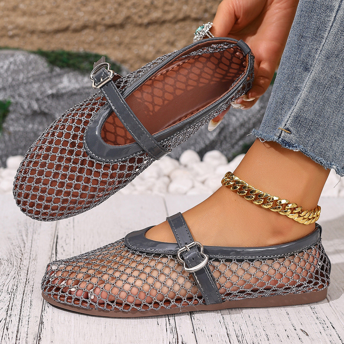 Aria - Women's Mesh Mary Jane Flats, Breathable Cut-Out Soft Sole Shoes
