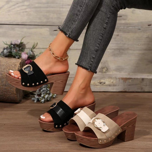 Maeve - Women's Vintage Roman Prom Heels, Block Heel Open-Toe Slides