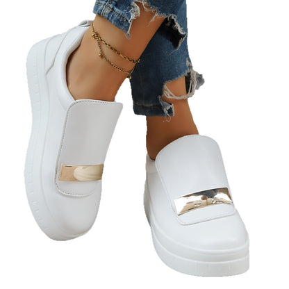 Sofia - Women's Round-Toe Platform Loafers, Metal Buckle Comfort Flats