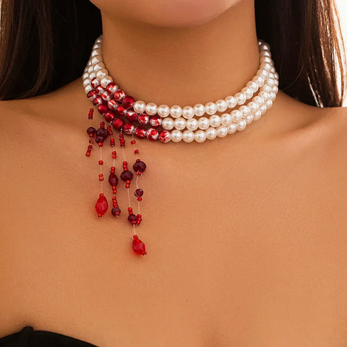 Crimson Cascade Pearl Choker