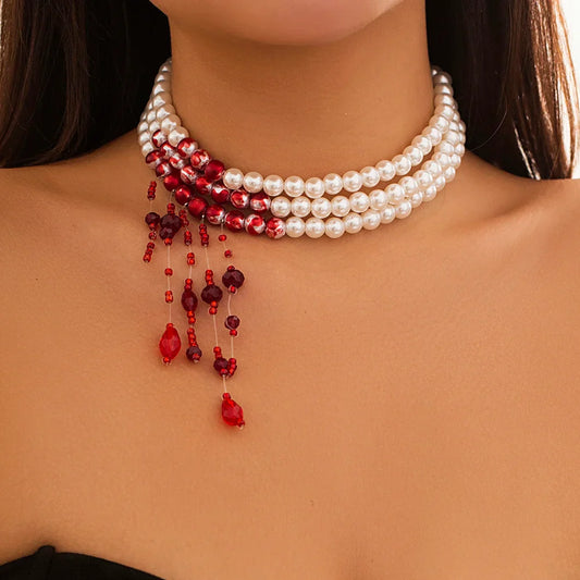 Crimson Cascade Pearl Choker